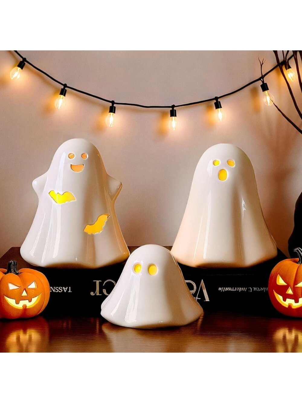 3ct Big Ceramic Ghost Figurines Pastel Light Up LED Halloween Tiered Tray Decor